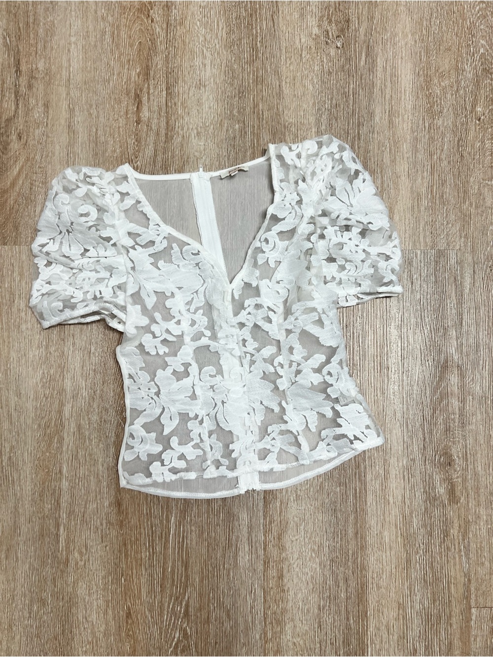 Sheer White Floral Lace Puff-Sleeve Blouse